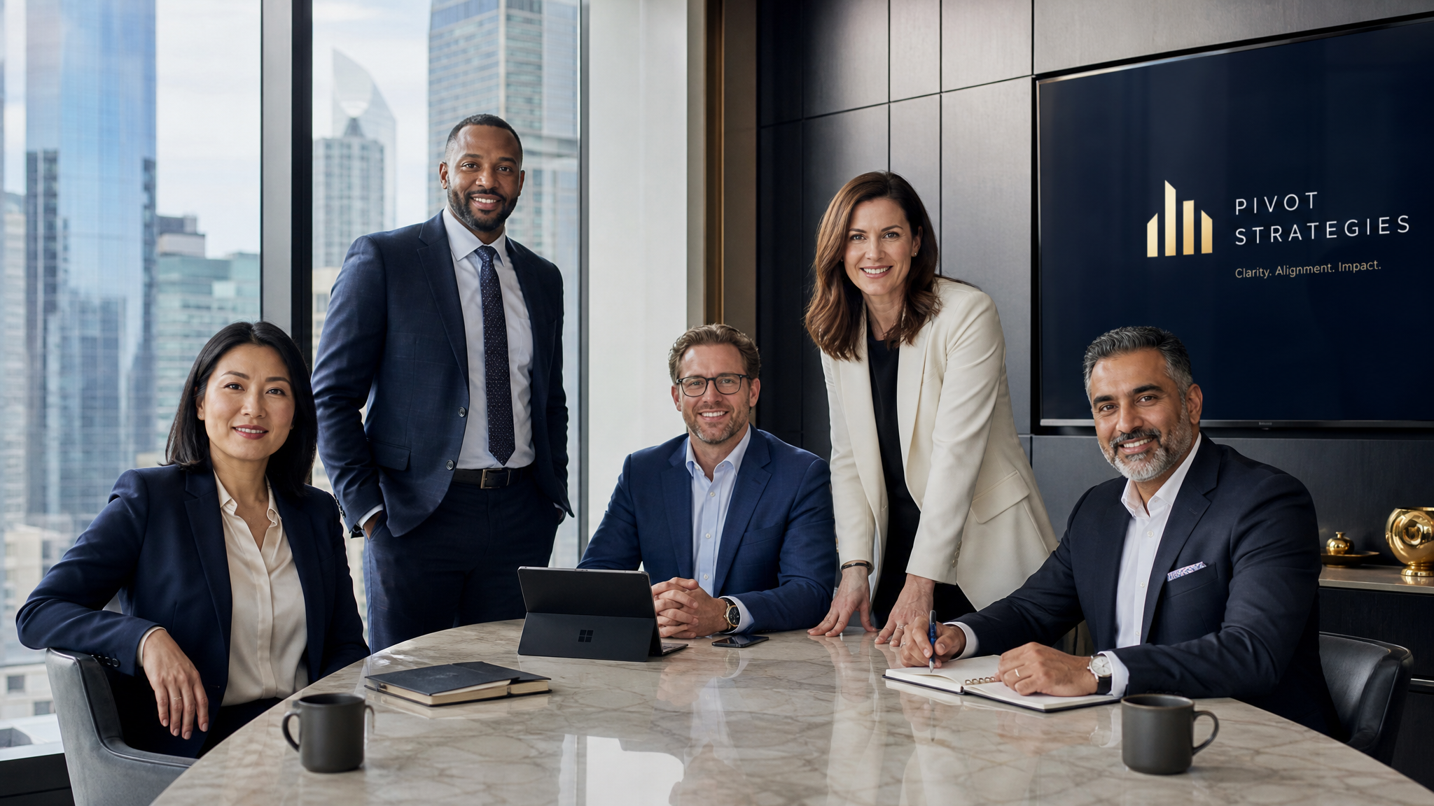 Executive team in modern boardroom discussing strategy